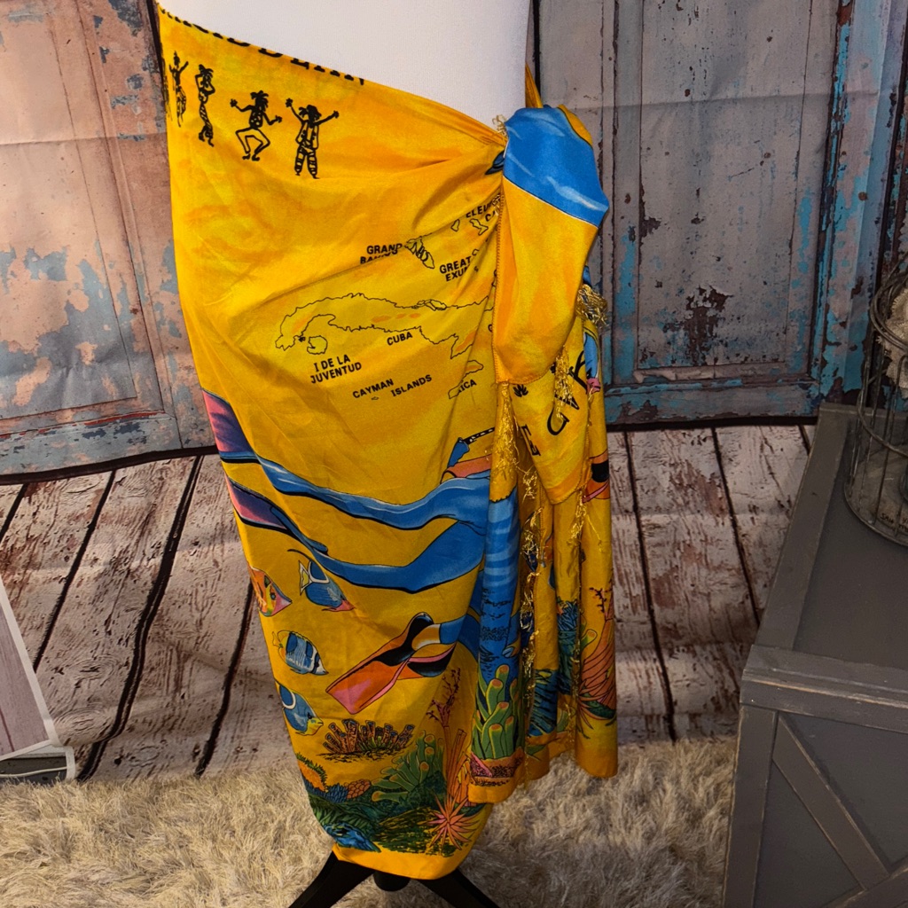 Vintage Island Expression Yellow Dolphin Caribbean Polyester Sarong